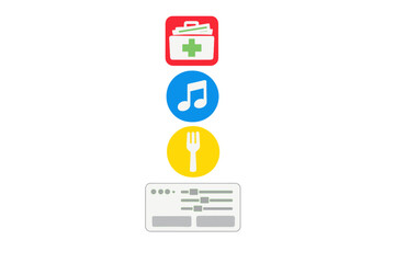 Fototapeta premium Icons for health, music, food, and technology displayed in a vertical arrangement on a plain background, suitable for various topics or applications