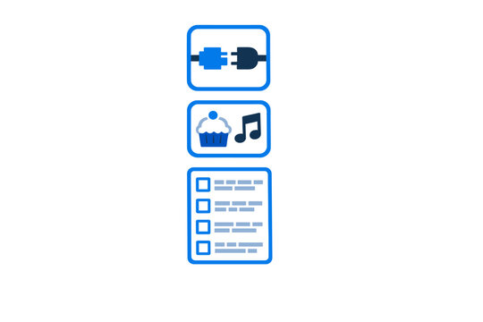 Diagram shows connection, cupcake, music notes, and checklist in blue outlines in a simple layout, representing different categories of information or tasks