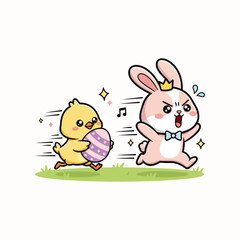 Funny Chick Chasing Easter Bunny with Egg Kawaii Cartoon Vector
