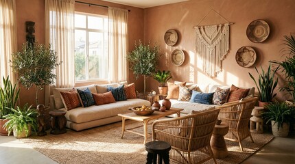 Sunlit Afro-Bohemian Living Room with Wicker Sofa, Mudcloth Pillows, Tribal Wall Decor, and Lush Indoor Plants