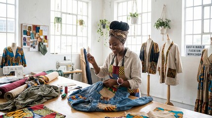 African Woman Sewing Afro Chic Clothing in Sustainable Fashion Studio