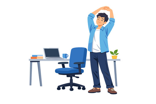 Young man stretches in home office during work break with desk and laptop in view