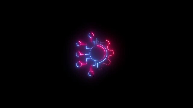 Neon setting technology icon animation. Animated line half cogwheel with digital data streaming. Loop HD video with alpha channel, digital security setting sys.