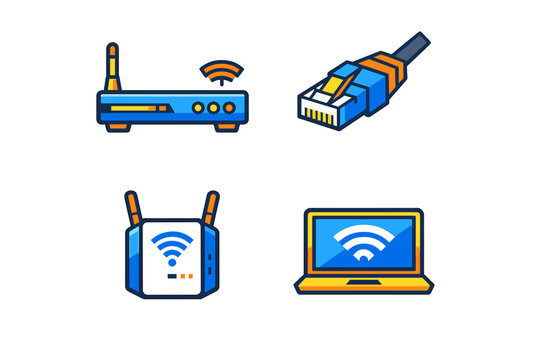 Collection of network equipment showing router, Ethernet cable, wireless access point and laptop with WiFi symbol on a white background