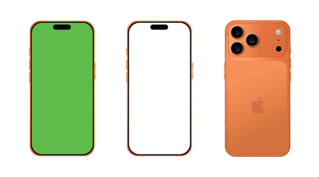 Mockup of an iPhone 17 Pro Max, in orange color. iPhone screen mockup with green screen on the front, transparent, and phone back	

