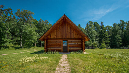 Obraz premium 真夏の高原で青空と緑に囲まれ山小屋が凛と佇む昼