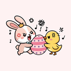 Fototapeta premium Funny Bunny and Chick Fighting Over Easter Egg Kawaii Cartoon Vector