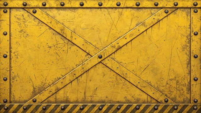 A weathered yellow metal plate with rivets cross bracing and warning stripes below