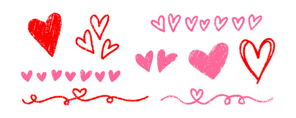 Textured heart elements and borders in red and pink chalk style. Crayon-drawn romantic doodles for handmade cards and Valentine's Day decorations. Chalk crayon drawing love elements.
