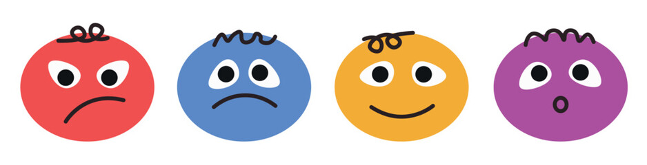 Children's cartoon stickers cute doodle set of characters with emotions. Joy sadness surprise anger