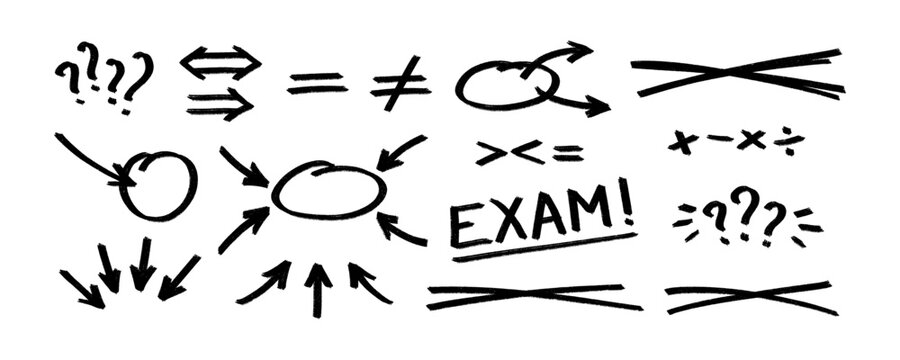 Hand drawn black chalk marks for exams, featuring arrows, circles, question marks, and math symbols. Crayon texture educational doodles for school and testing.