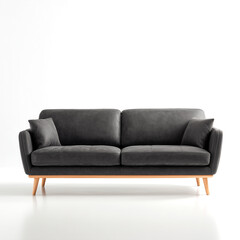 Charcoal leather two-seater sofa with wooden legs in a minimalist studio setting.
