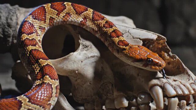 Corn snake slithering around animal skull