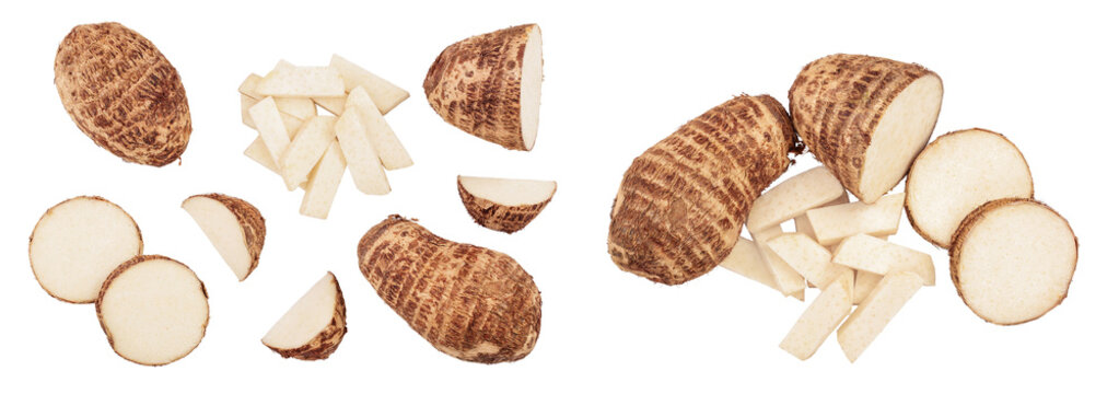 fresh taro root isolated on white background. Top view. Flat lay. Set or collection
