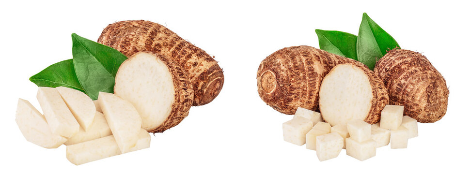 fresh taro root with slices and leaf isolated on white background