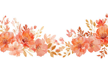 Orange and coral watercolor flower horizontal border vector illustration