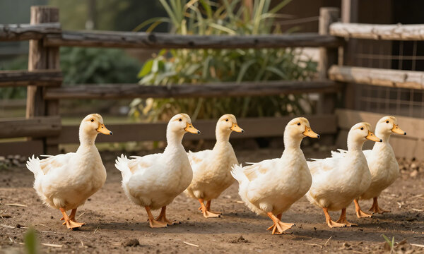 group six muscovy ducks waddle across rustic farmyard set warm golden light wooden fencing lush greenery
