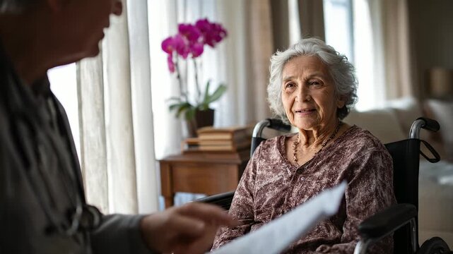Doctor visits senior Hispanic woman. Caring healthcare professional examines elderly patient at home. Attentive listening, medical consultation. Warm, supportive atmosphere. Wellbeing check.