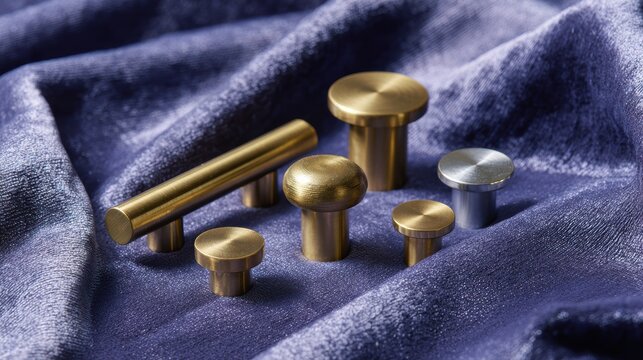 interior decor inspiration, an editorial spread showcasing unlacquered brass cabinet handles and knobs on velvet, highlighting their unique patina and craftsmanship