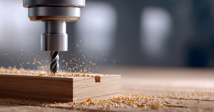 Close-up of a CNC milling machine cutting a wooden block with wood shavings flying in a workshop environment