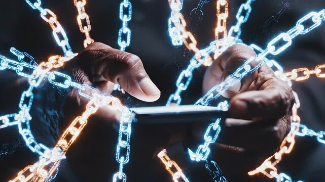 Person using smartphone with holographic blockchain technology animation