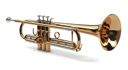 Obraz premium A studio photograph of a full-size brass trumpet, isolated on a pure white seamless background.
