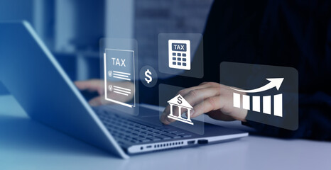  Tax deduction planning concept. Businessman calculating business balance prepare tax reduction.