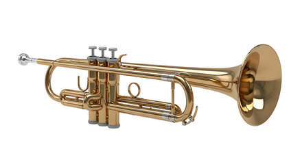 Obraz premium A studio photograph of a full-size brass trumpet, isolated on a pure white seamless background.