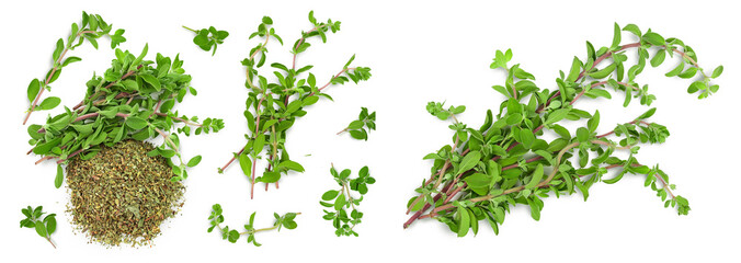 Oregano or marjoram leaves fresh and dry isolated on white background. Top view. Flat lay