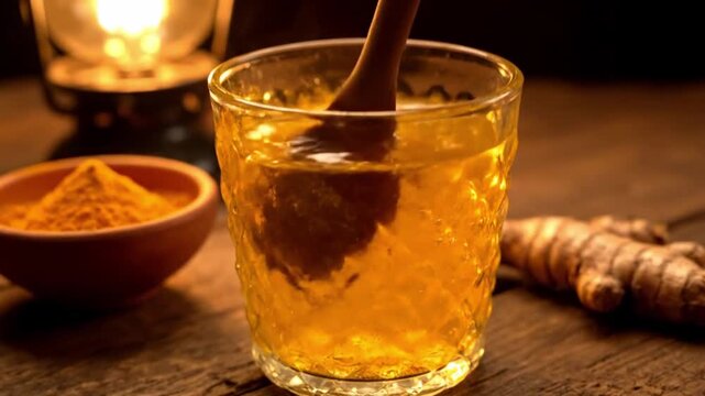 Refreshing ginger drink with honey and turmeric in glass jar on wooden surface. Ginger drink preparation includes fresh ginger root and vibrant turmeric powder for a healthy boost.