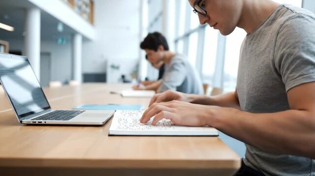 A blind man reads a book in Braille in a modern library. He is busy reading at a desk, with a laptop and other students nearby.