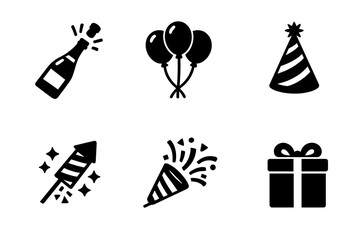 Celebration and party elements including champagne, balloons, gift, and confetti popper © AVRIX