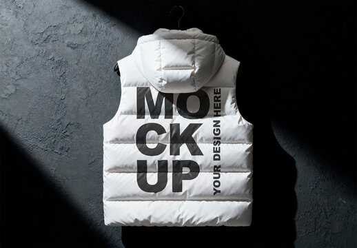 White Hooded Puffer Vest Mockup Back View