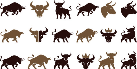 Fototapeta premium Collection of various bull silhouettes in different poses and colors, vector graphics, animal designs, multiple views, illustration style