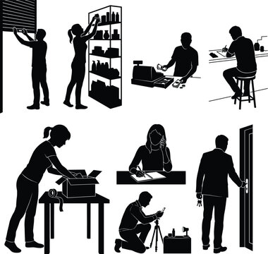 Small Business Owners Performing Daily Retail Management And Operational Tasks Vector Silhouette Set