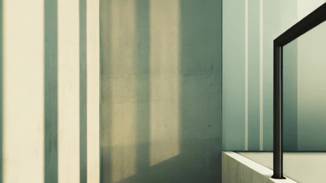 Concrete interior with sunlit window casting strong parallel striped shadows across floor and walls, minimalist geometric composition emphasizing light, texture and calm space