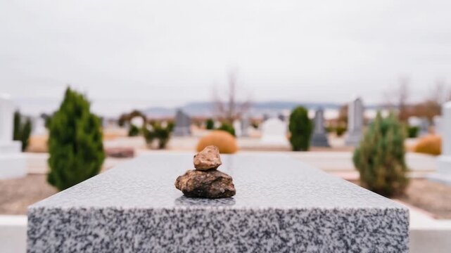 Man's hand places small stone on memorial tombstone. Jewish ritual of remembrance at a cemetery. Honoring victims of genocide on Day of Remembrance
