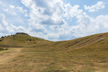 Obraz premium A vast, sunlit grassland with rolling hills beneath a bright, cloud-filled sky