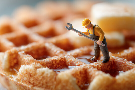 Miniature construction worker stands on a syrupy waffle holding a wrench in a playful macro food close-up.