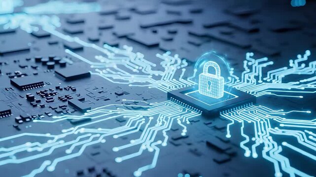 A glowing digital padlock icon sits atop a microchip embedded in a futuristic circuit board. UHD Video Clip