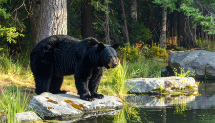 Black bear in formal setting as focal point, standing on a rock at the pond's edge on the left during dawn