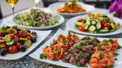 Vibrant Mediterranean Cuisine Display on Elegant Table Setup for Outdoor Dining Experience