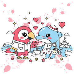 Obraz premium Cute cartoon parrot and dolphin couple on a beach with sandcastle and hearts love