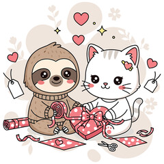 Fototapeta premium Cute sloth and cat wrapping a pink heart shaped gift box with polka dot paper animal cartoon