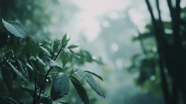 Lush green foliage in a natural forest environment capturing fresh rain drops, creating a sense of tranquility, purity, and environmental renewal after precipitation