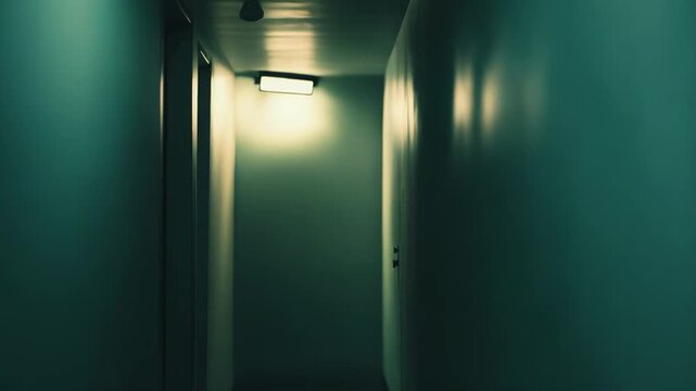 Narrow dim hallway bathed in weak light, long corridor of shadows and ajar doors that evokes isolation, suspense and the uneasy uncertainty of a journey into the unknown