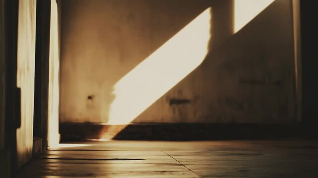 Sunlight slanting through a doorway into a shadowed interior, illuminating dust on the floor and creating stark contrast that evokes hope, mystery and a quiet doorway to possibility