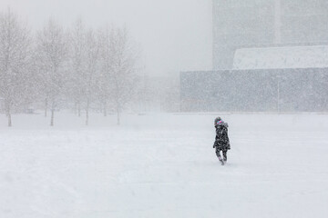 Obraz premium Woman walks in park in snowstorm.