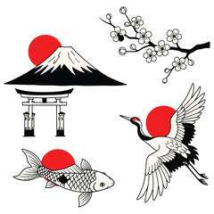 Fototapeta premium Vector illustration featuring traditional Japanese symbols including Mount Fuji, torii gate, red sun, cherry blossom branch, koi fish, and flying crane
