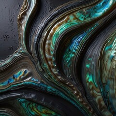 Obraz premium Abalone Shell Background with Iridescent Resin Swirls and Dark Stone Texture